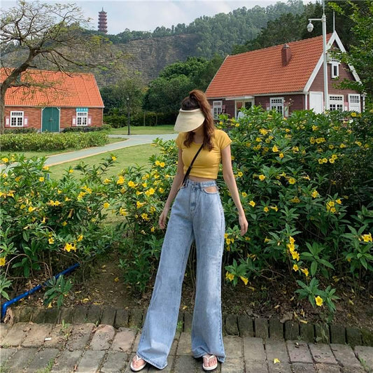 WTEMPO Retro Hollow High Waist Spring Mop Jeans Women Loose Thin Skinny Wide Leg Pants Wild Long Pants