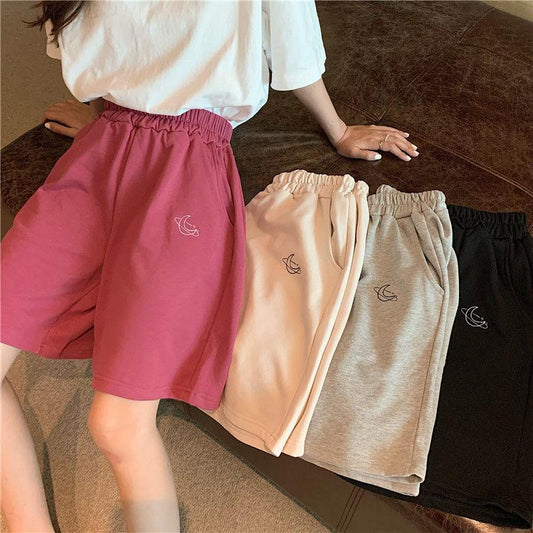 WTEMPO Moon Pattern Sports Shorts Women's Casual Pants Student Elastic Waist Convenient Big Pocket Gym Stadium