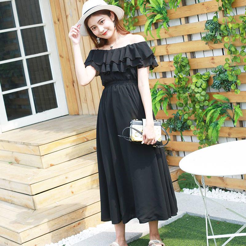 Pofulove Vacation Beach Strapless dress Off-shoulder Ruffled Sexy slash neck Chiffon dress Summer