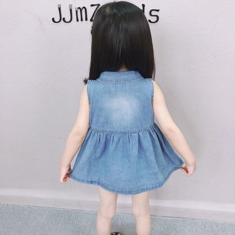 Children Dress Girls Summer Dress Korean Princess Dress Denim Dress Single Breasted Pocket Sleeveless Denim A-line Skirt