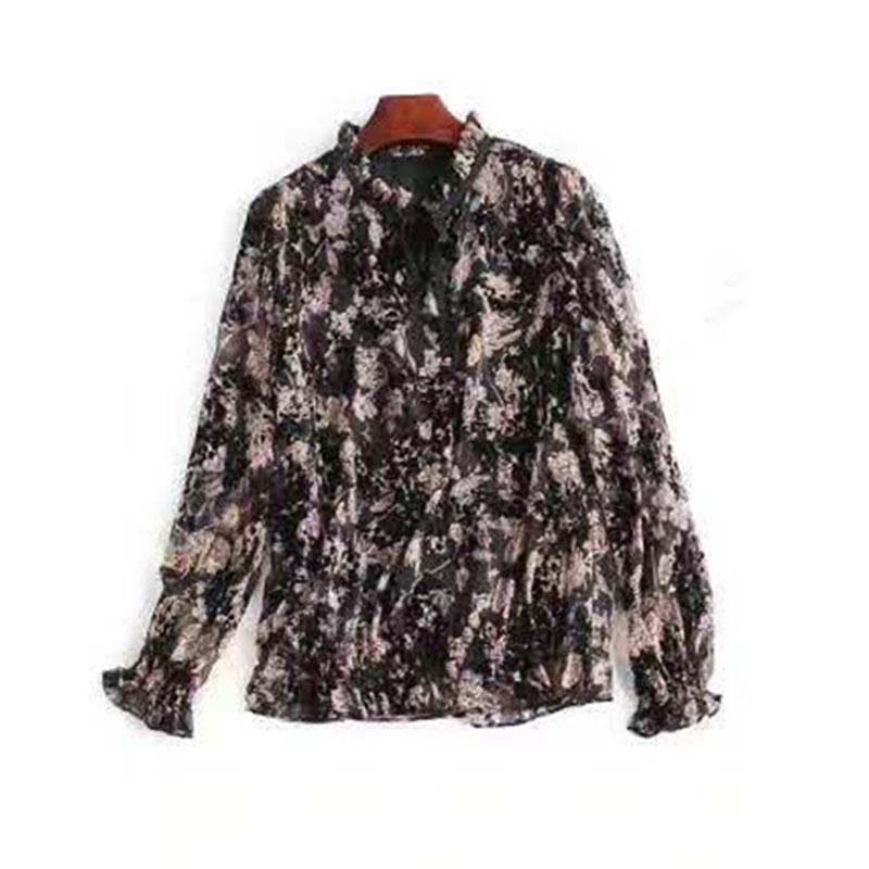Long Sleeve Chiffon Shirt Women's Floral Loose Top Thin Lace Bottoming Shirt Tops Casual Breathable Fabric