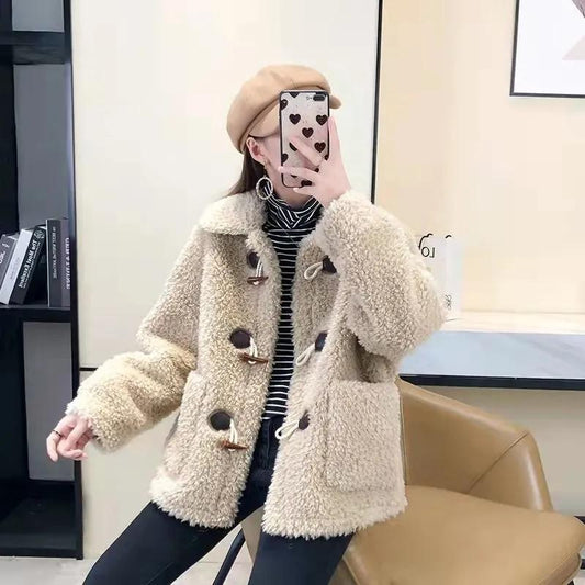 Women's Lamb Wool Coat Horns Buckle Sheared Wool Winter Korean Style Thick Square Collar Not Shed Hair Lapel Casual Loose Grain fleece Jacket Coat