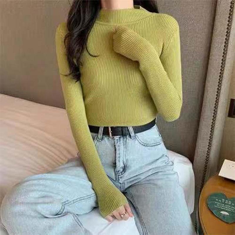 Autumn and Winter Long-sleeved All-match Solid Color Korean Half Turtleneck Sweater Student Slim Knit Bottoming Shirt Top Women