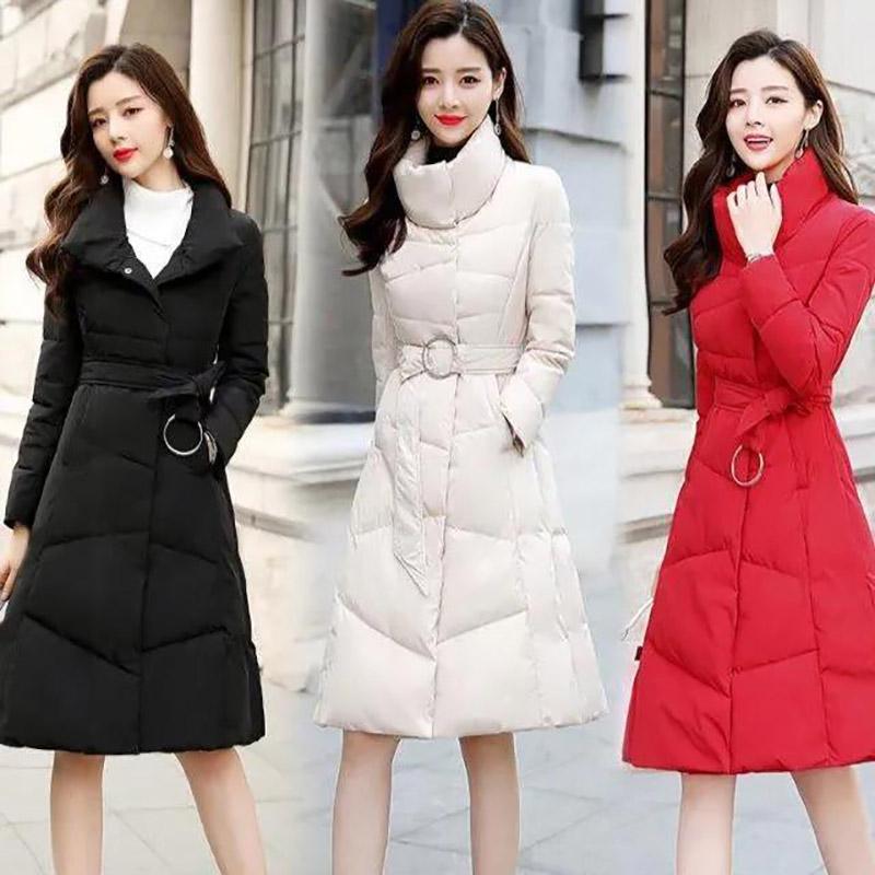 Ladies Down Jacket Winter Fashion Casual Solid Color Cotton Jacket Thickening Warm Mid-length Stand-up Collar Down Jacket