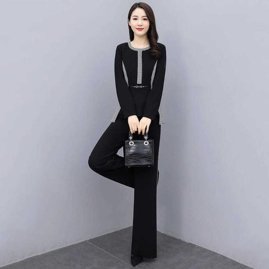 Black Spring and Autumn Suit Fitting Temperament Wide Leg Pants Casual Two-piece Round Neck Long Sleeve Shirt + Loose Wide Leg Pants