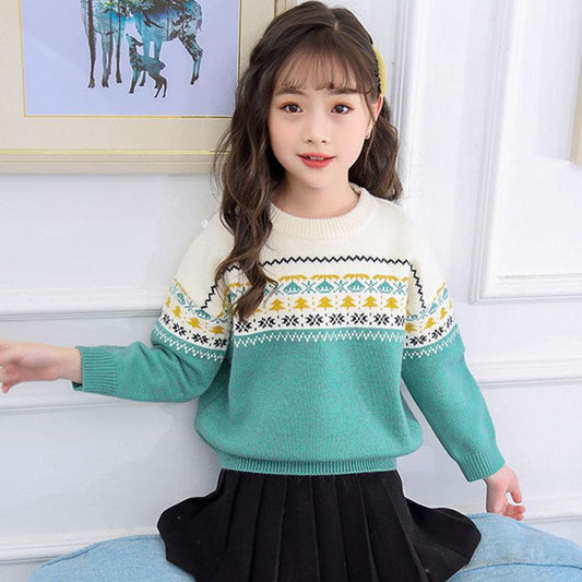 Autumn and Winter Girls Thick Sweater Soft Round Neck Children's Sweater Fashion Jacquard Kids Sweater