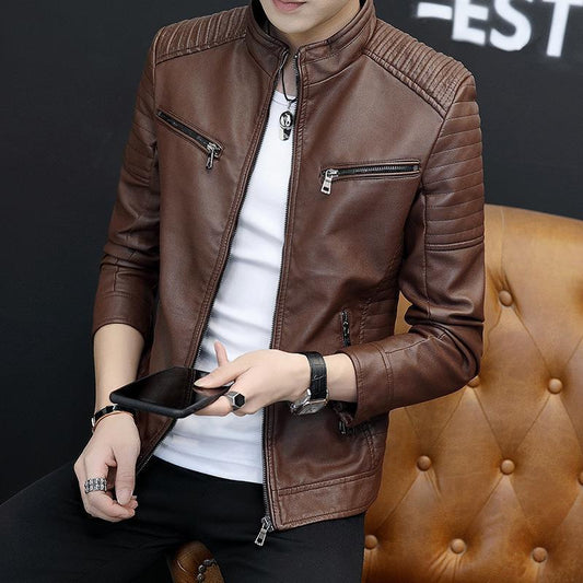 Young Men's Slim Men's Leather Jacket Autumn and Winter Fashion Trend Plus Velvet Thick Lamb Wool Jacket