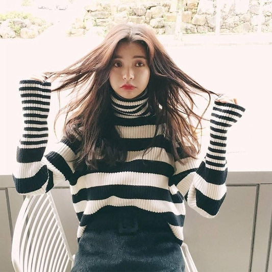 Turtleneck Bottoming Shirt Long-sleeved Slim Pullover Black and White Striped Short Sweater