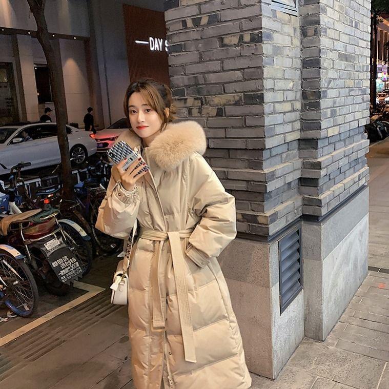Down Jacket Women's Long Over The Knee Thick Warm Belt Fox Fur Real Fur Collar White Duck Down