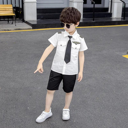 Boys' Summer Clothes Western Style Suits Male Baby Captain Clothes Short-sleeved Shirts Two-piece Performance Clothes