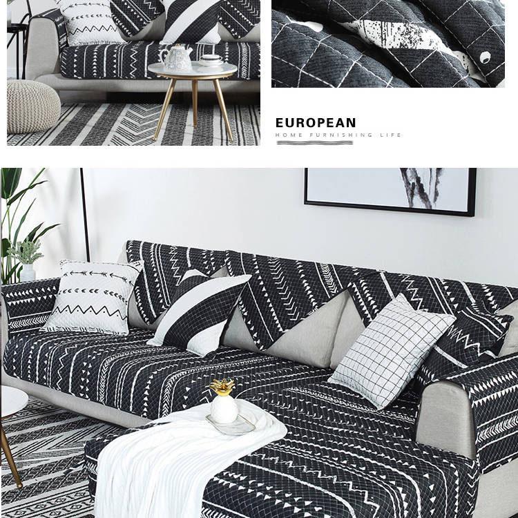 Black and White Cotton Sofa Cover Geometric Non-slip Sofa Towel Couch Cover for Corner Sofa-Cover