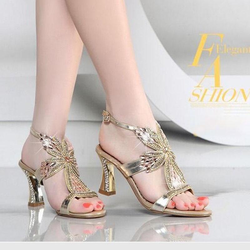 Women's high heel sandals rhinestone summer European and American fashion block high heel sandals women diamond sexy ladies sandals