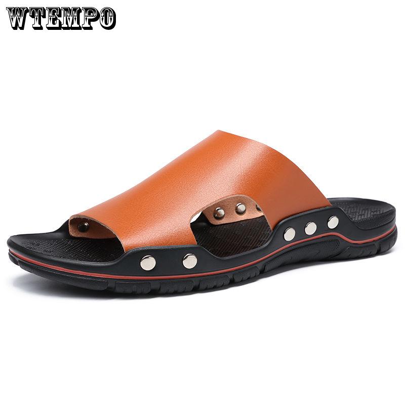 Pair of Shoes Men Hand-stitched Outdoor Closed Toe Leather Sandals Summer Beach Slippers
