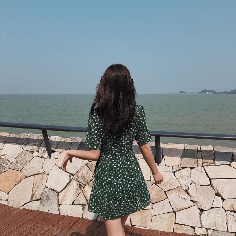 Women Dress Summer V-Neck Floral Print Beach Dress Ruffle Short Sleeve A -Line Mini Dress Wrap Sundress Robe Dress