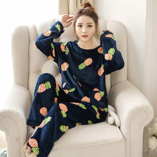 Autumn and Winter Thick Korean Flannel Ladies Pajamas Coral Fleece Loose Casual Cute Plus Size Home Service