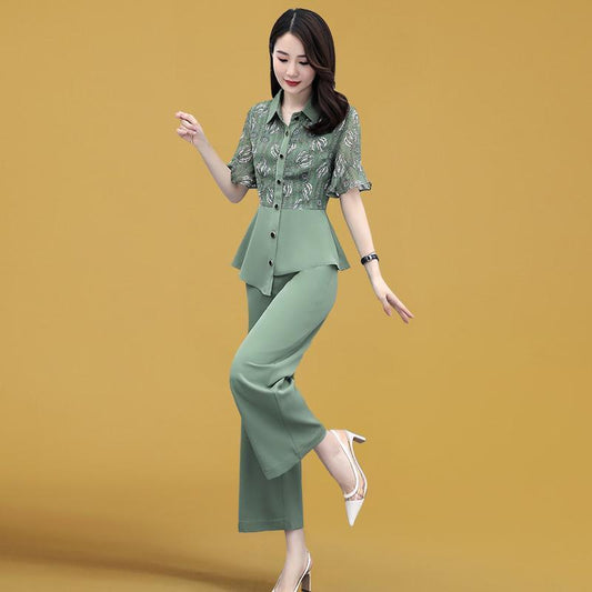 Suit Women's Temperament Is Thin Ladies Stand-up Collar Shirt Wide-leg Pants Two-piece Chiffon Suit Elegant Temperament Work Wearable