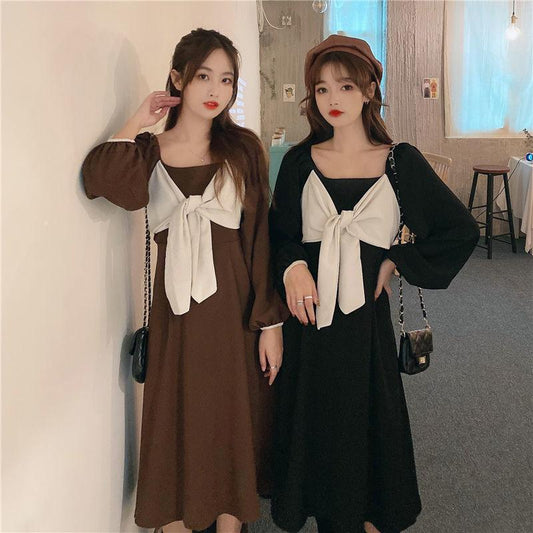 Autumn and Winter Solid Color Lantern Sleeve Square Collar Design Large Cute Bow Mid Length Long Sleeve Dress