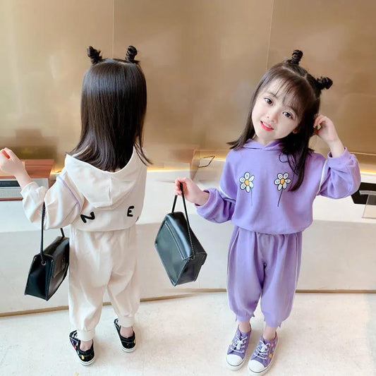 Girls Spring and Autumn Clothes Suit Printed Hooded Sweater Suit Casual Loose Sets Korean Two-piece Suit
