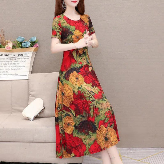 Women's Plus Size Loose Long Dress Slim Round Neck Skirt