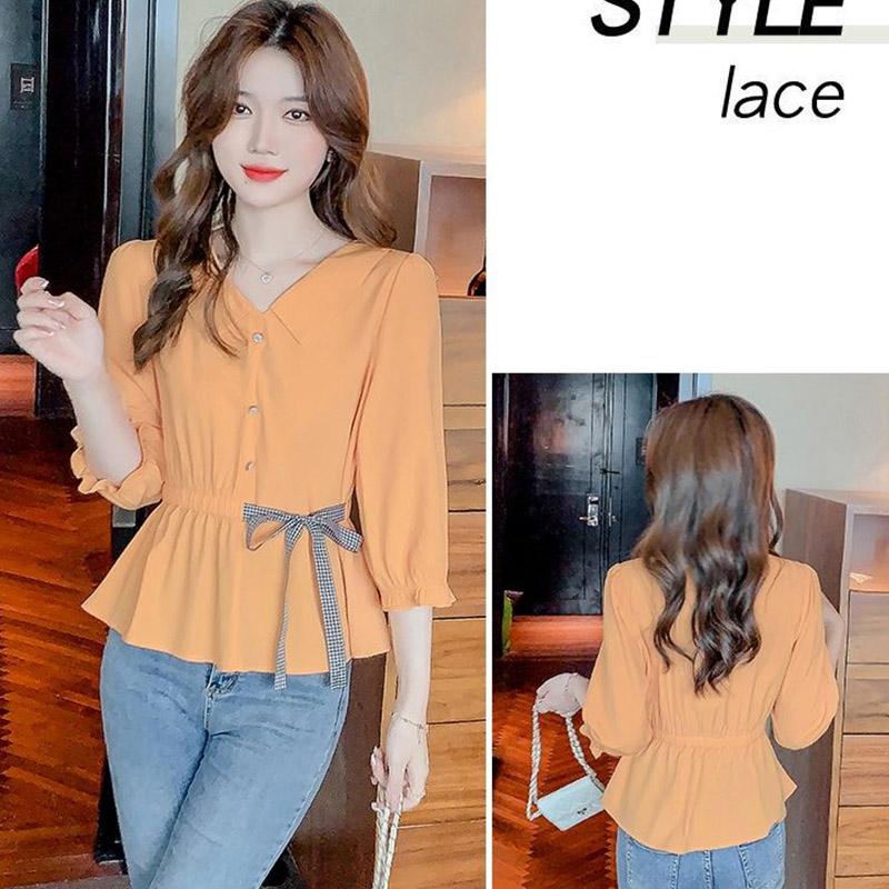 Doll Collar Shirt Women's Summer Lace Waist Cover Belly Shirt Three-quarter Sleeves
