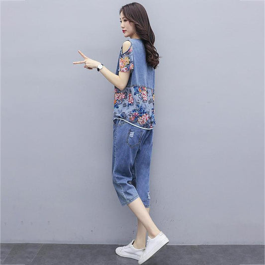 WTEMPO Denim Suit Women's Plus Size 2pcs Suit Spring and Summer Short Sleeve Loose Casual Two-piece Set