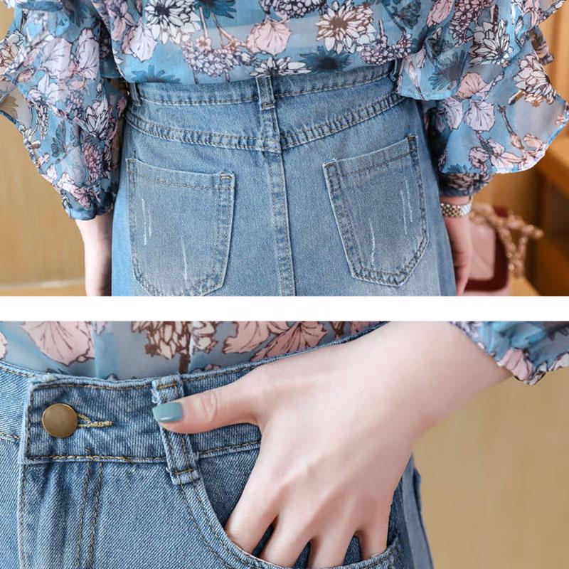 Fashion Women Plus Size Dress Skirt Set Spring Summer Floral Fold Dress Denim Skirt Two-piece Suit