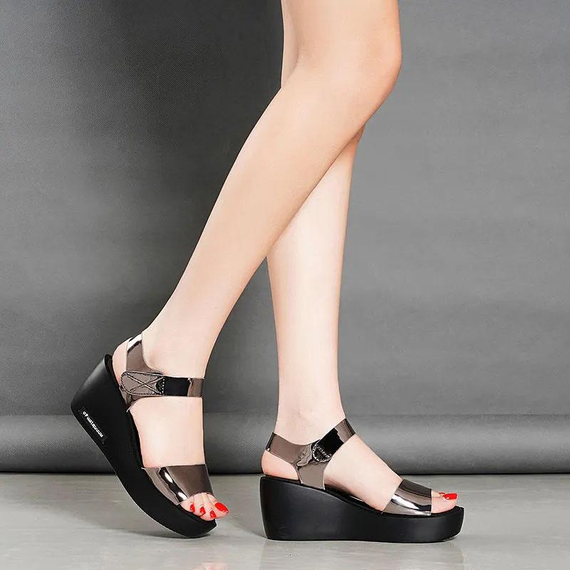 Women's Wedge Sandals Summer Fish Mouth Shoes Thick Sole Non-Slip Platform Lightweight Sandals Metal Fabric All Match Sandals