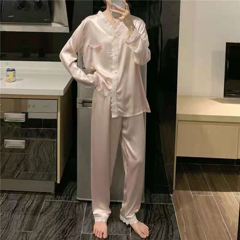 Women's Spring Autumn Pajamas Set Ice Silk V Neck Sexy Lace Long-sleeved Shirt Trousers Two-piece Set Solid Loose Homewear Comfortable Sleeping Suit