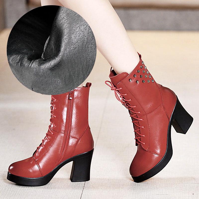 Boots Women Ankle Boots Genuine Leather Women Round Toe Chelsea Boots High Heel Boots Snow Boots