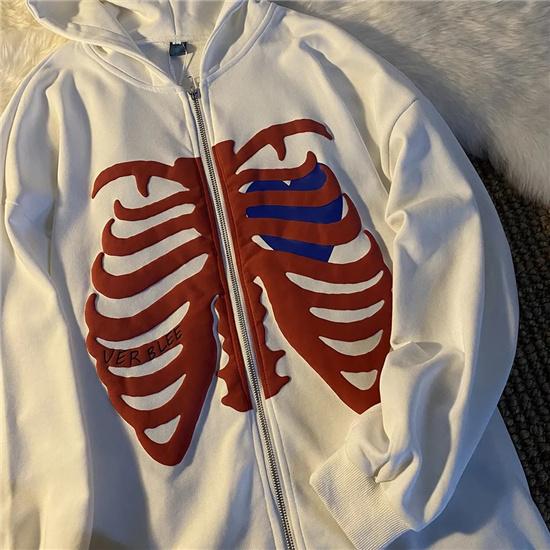 Zipper Harajuku Korean Loose Skull Printed Gothic Long Sleeve Hooded Jacket Solid Color Retro Shirt Student Unisex Top