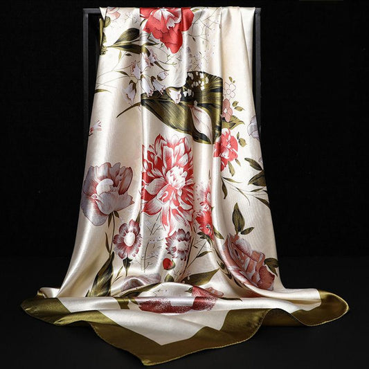 Flower Wrap Shawl Square Silk Imitation Satin Women Elegant Scarf All-match Headscarf Sunscreen Gauze Shawl