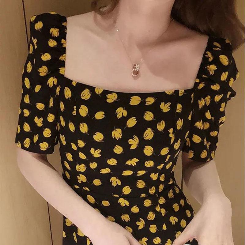Women's Summer Floral Dress Square Neck Puff Sleeves Thin Mid-Length Skirt