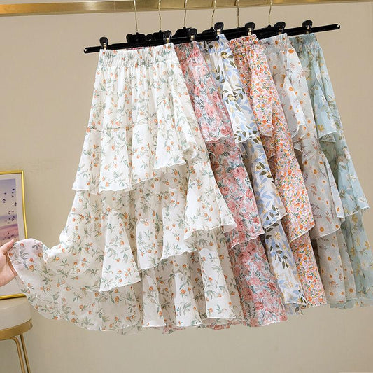 Skirt Women's Summer Floral Irregular Ruffles Fashion All-match A-line Cake Skirt