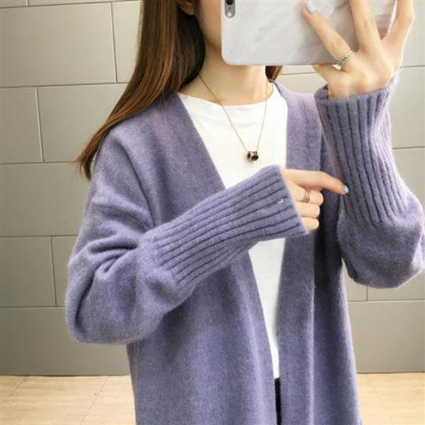 Spring and Autumn Casual Thick Sweater Mid-length Knitted Cardigan Jacket Pure Color Simple Female Top