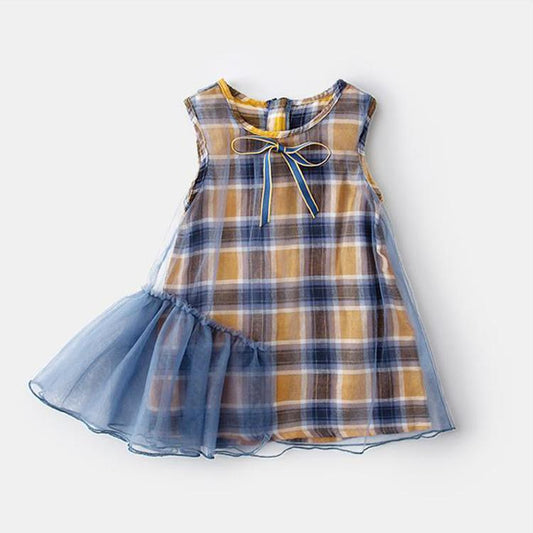 Children Dress Girls Summer Thin Dresses Plaid Sleeveless Bowknot Princess Dress Irregular Mesh Dress Vest Dress