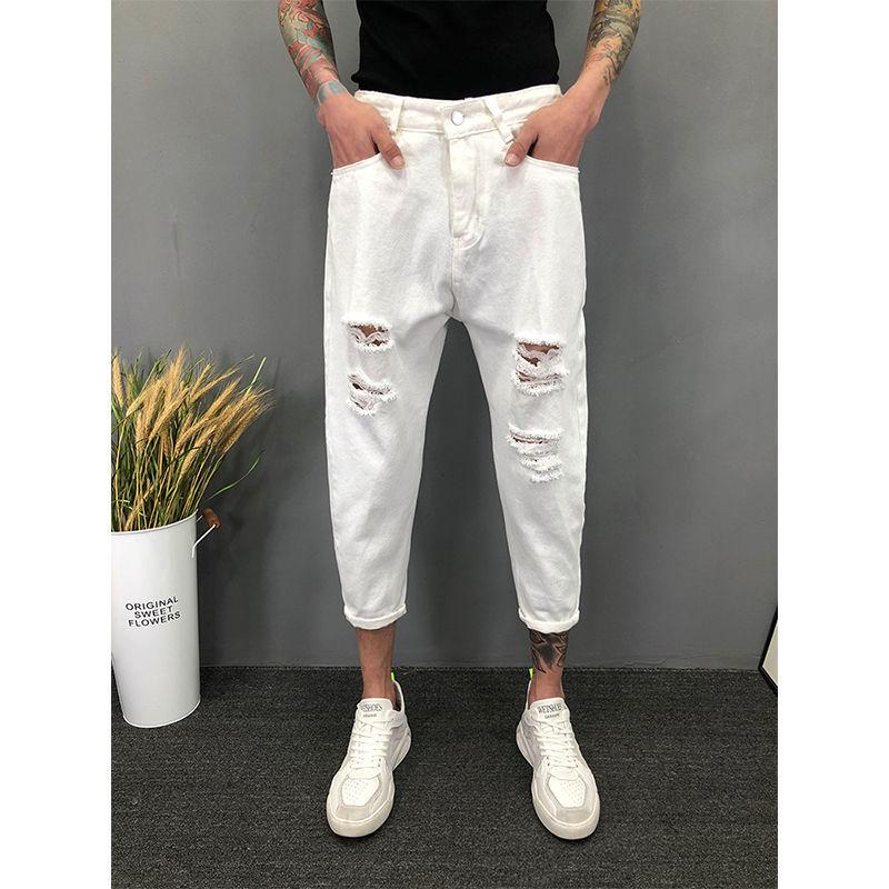 Men's Big Ripped Small-footed Jeans Trendy Cropped Trousers Harem Pants