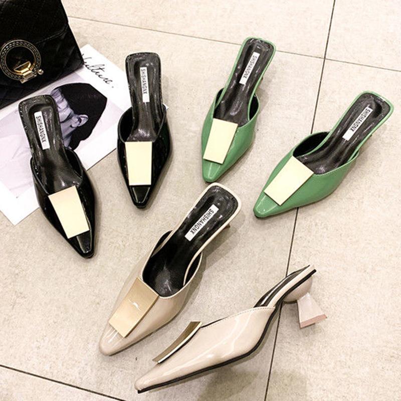Pointed Half Slippers Women's Summer Wear Fashion All-match Thick Heel High Heel Sandals Muller Half Toe Shoes