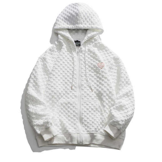 Waffle Cardigan Sweater Men's Hooded Spring and Autumn Zipper Solid Color Sports Top Loose Casual Jacket