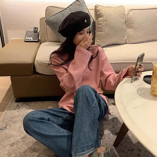 Waffle Women's Long-sleeved T-shirt Ins All-match Bottoming Shirt Women's Spring and Autumn Loose Women's Tops Casual Blouses for Girl