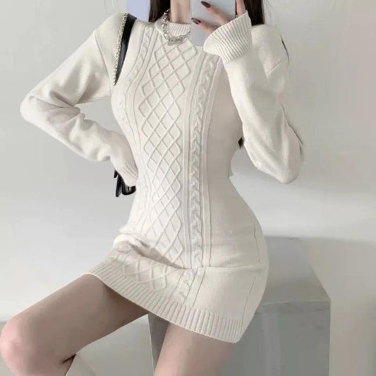 Autumn Fashion Sexy Solid O-Neck Skinny Mini Dress Women Rib Knit Keep Warm Long Sleeve Slim Dress Streetwear