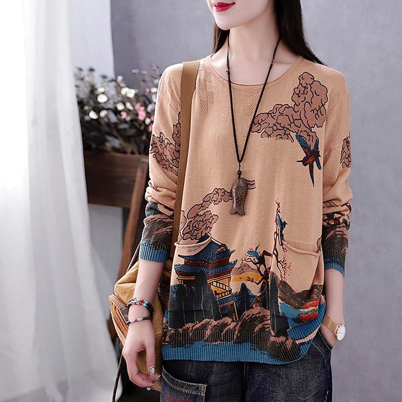 Vintage Literary Print Long-sleeved Sweater Women Fall/winter Oversized Knit Sweater Outwear Pullover Jumper Top with Pocket