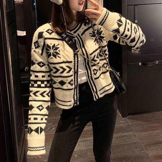 Spring and Autumn Short Cardigan Jacket Printed Splicing Color Loose Sweater Retro Thin All-match Top