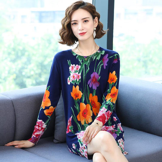 Autumn and Winter Print Pullover Sweater Mid-length Sweater Dress Plus Size Long-sleeved Knitted Skirt