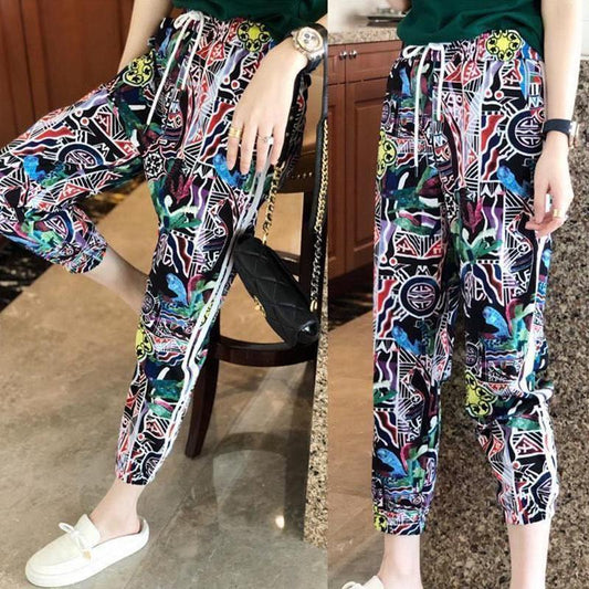 Pring and Summer All-match Casual Harem Pants Women's Fashion Sports Flower Pants Loose and Thin High Waist Mosquito Pants