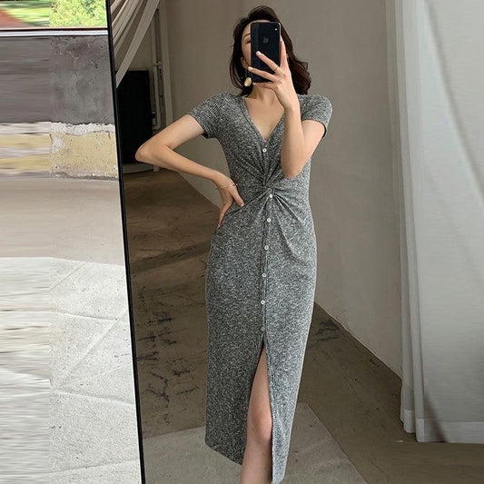 Women's Gray Ice Silk Knit Dress Female Summer Split Slimming V-neck Maxi Dress Long Maxi Dress Pleated Split Dress