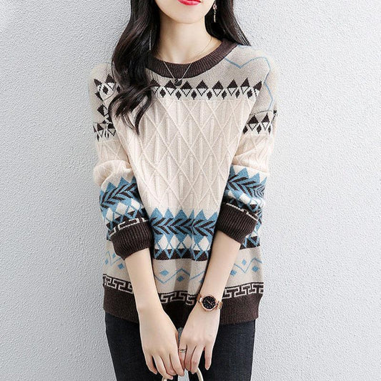 Sweater Women's Pullover Knitwear Korean Loose Plus Velvet Round Neck Tops Trending Lattice Sweater Autumn and Winter Tops