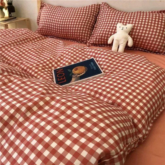 Washed Cotton Four-piece Set Korean Version Plaid Printed Quilt Cover Single Double Dormitory Four-piece Double Bed Bedding