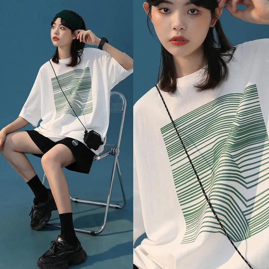 Women's Short-Sleeve T-shirt 100% Cotton Half-Sleeve Loose Korean K Pop Short-Sleeve Top Oversized Large T-Shirt Girl's Summer Casual Sports Clothing