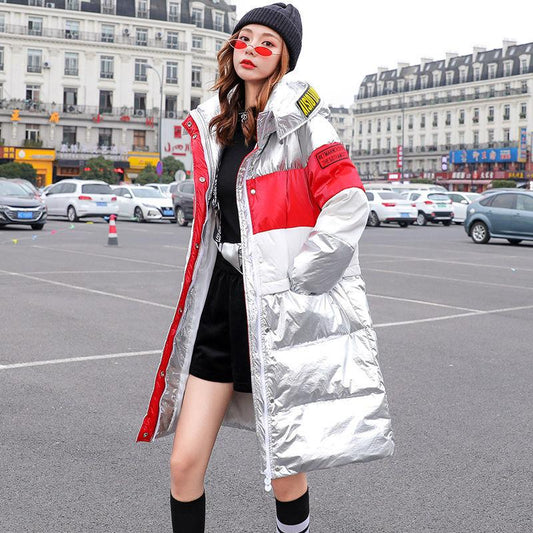 Silver Shiny Face Down Jacket Women Mid-length Colorful Antifreeze Shiny Leather Waterproof Casual Jacket