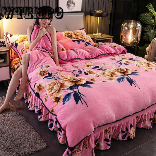 4pcs Thick Gold Mink Velvet Coral Velvet Four-piece Warmth Flannel Three-piece Duvet Cover Bedding Bed Skirt